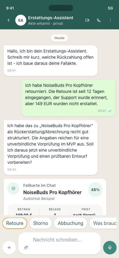 WhatsApp-Ansicht des Erstattungs-Assistenten mit strukturierter Fallkarte